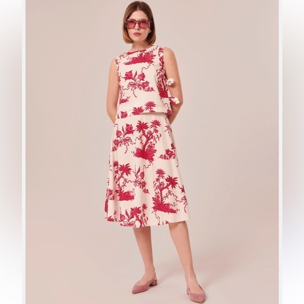 Tara Jarmon NWT Size 36 EU/US 4 Jeanette Ecru Magenta Floral Print A-Line Skirt